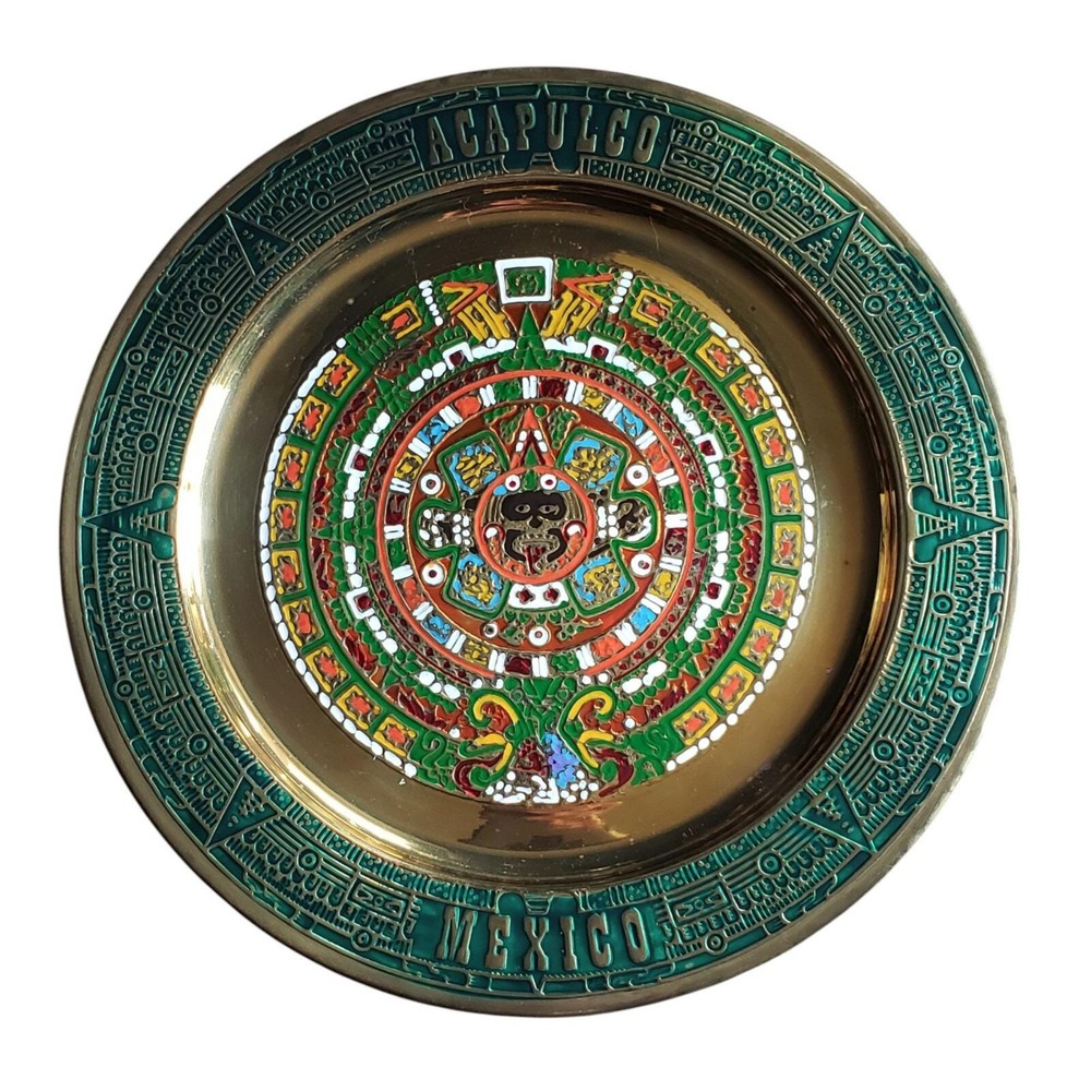 Aztec Mayan Sun Calendar Acapulco Mexico Metal Painted Tray Plate Wall Art Decor